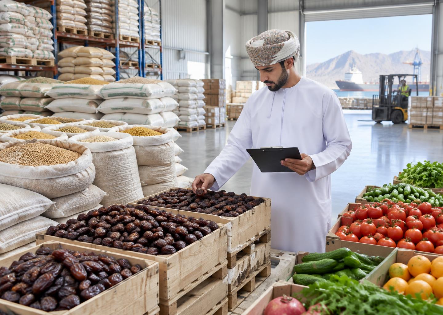 Illustrative food quality inspection in an Omani logistics warehouse