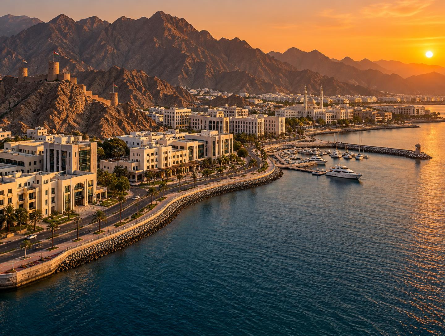 Muscat's modern waterfront, business district, and mountains at golden hour