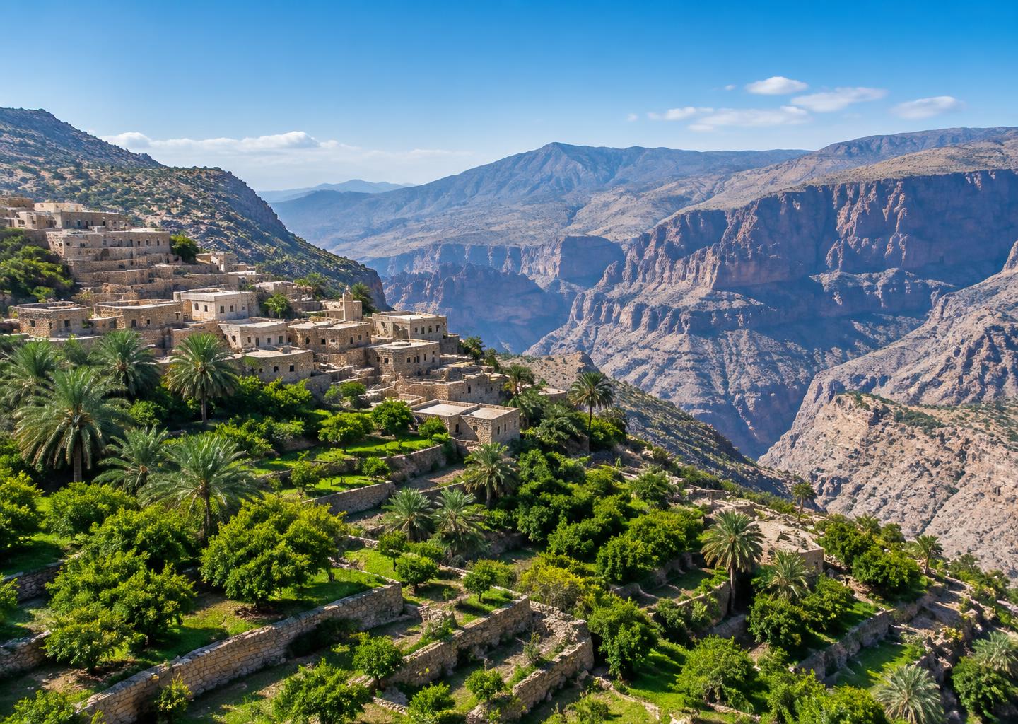 Illustrative mountain terraces and village landscape in Oman